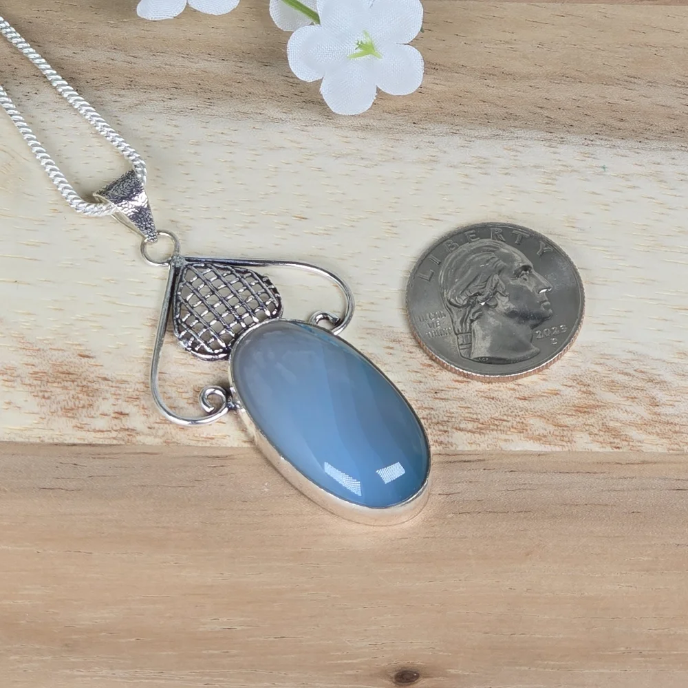 Vintage Style Blue Chalcedony Gemstone Pendant Necklace Country Boho Whimsi New